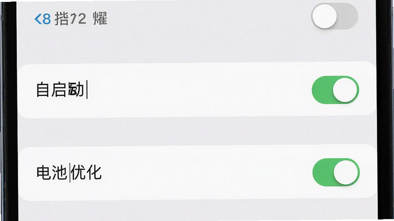 主体为手机设置界面截图,布局垂直排列,高亮显示“自启动”和“电池优化”选项,风格系统原生 UI,细节展示开关状态,高清画质,无多余元素