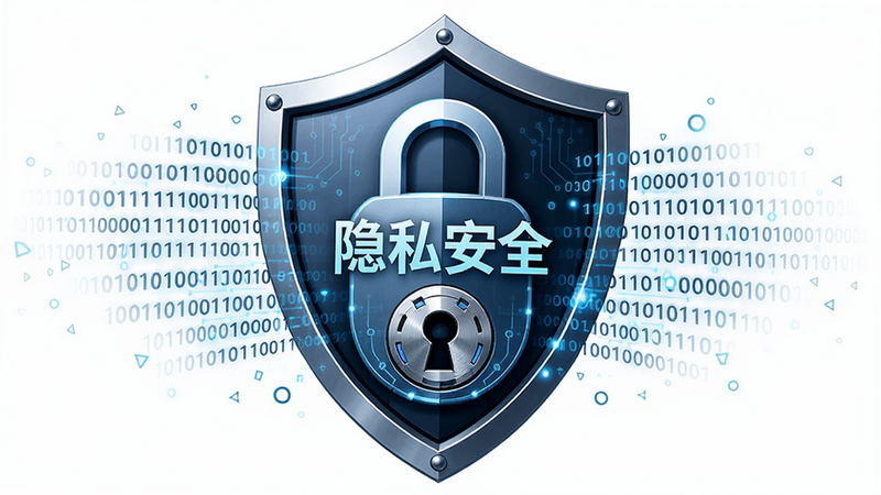 主体为盾牌图标与锁形符号,布局中心对称,盾牌中心是“隐私安全”文字,周围环绕二进制代码流,风格安全科技风,细节展示锁芯结构,高清画质,干净背景
