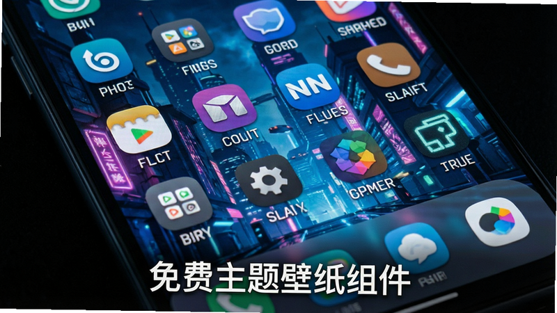 主体为智能手机屏幕特写,屏幕显示着精美的赛博朋克风格动态壁纸和定制图标,布局清晰,排版整齐,风格现代科技感,细节丰富,画质高清,干净,无多余元素,文字