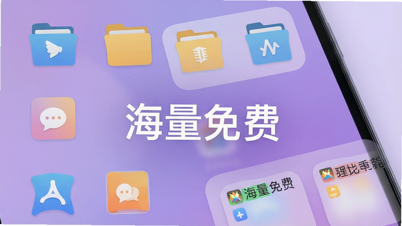 手机界面展示多个分类文件夹,图标设计扁平化,背景为柔和渐变紫色,文字