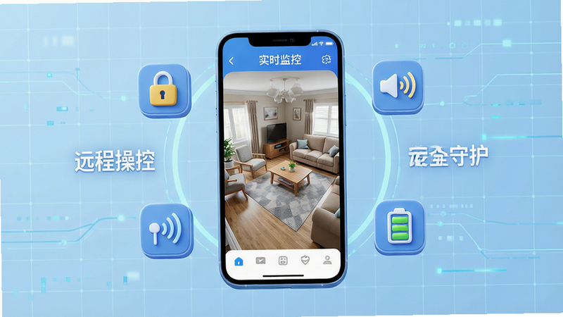 ����һ��չʾ��ӥ�ۿ��Ҿ��顱App���Ľ����3D����������ͼ������Ϊ�����������ֻ�ģ�ͣ���Ļ��ʾ���������ڼ�ػ��棬�ֻ���Χ�����Ŵ�����ȫ������Ƶ�źš���ص����ļ��ͼ�꣬����Ϊǳ��ɫ�Ƽ����������岼�����ĶԳƣ��Ű������ϸ�ھ��£����廭�ʣ��޶���װ��Ԫ�أ����ֱ�ǩΪ��ʵʱ��ء�����Զ�̲ٿء�������ȫ�ػ���