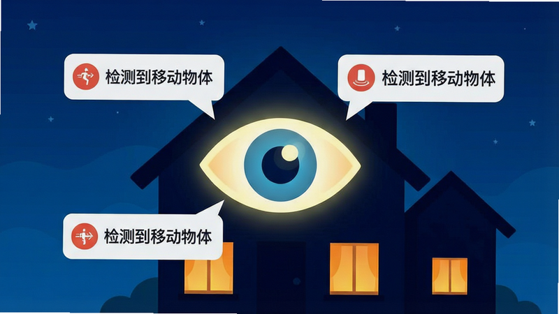 ����һ�Ÿ���廭��չʾ��ӥ�ۿ��Ҿ��顱�����ܸ澯���ƣ�����Ϊһ��������۾�ͼ��������أ���Χ�������ֻ�֪ͨ���ݣ���������ʾ����⵽�ƶ����塱����������Ϊ����ɫҹ���µķ��ݼ�Ӱ�����ݴ���͸��ů�⣬����ƽ���廭��ɫ�ʶԱ�ǿ�ң���ͼƽ�⣬ϸ�ڷḻ������ʸ������޶�����ɫ