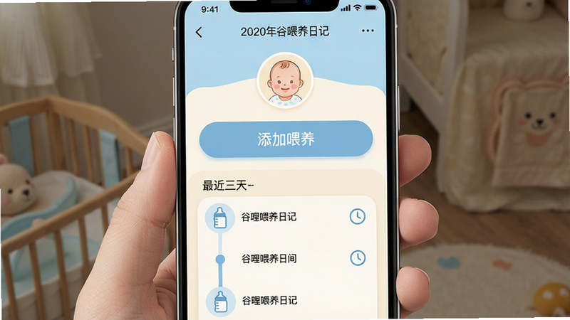 一张清新简约的移动端APP界面截图,主体为“谷哩喂养日记”应用首页,布局清晰,顶部显示日期和宝宝头像,中间是“添加喂养”的大按钮,下方是最近三天的喂养时间轴列表,包含奶瓶图标和时钟图标,整体色调为柔和的婴儿蓝和米白色,风格温馨可爱,细节处有圆角设计,画质高清,干净无多余元素,文字“谷哩喂养日记”清晰可见