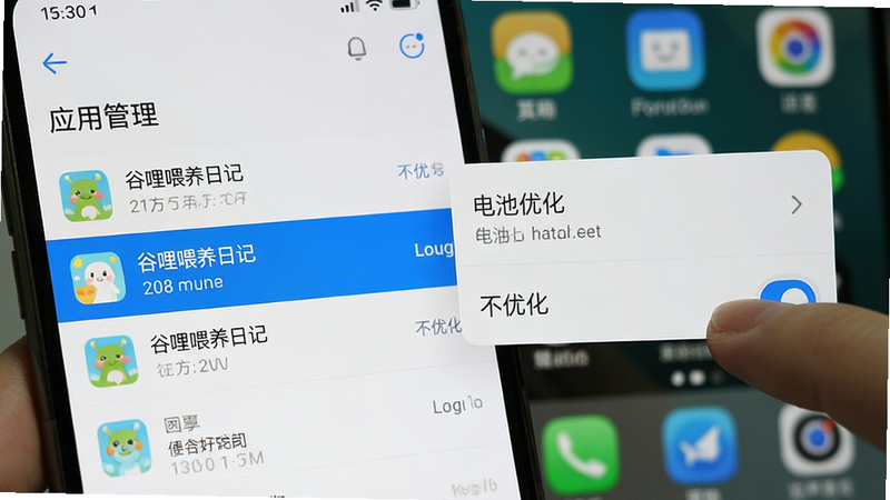 手机设置界面截图,显示“应用管理”页面,列表中“谷哩喂养日记”被高亮选中,右侧弹窗显示“电池优化”选项,用户手指正在点击“不优化”,背景为模糊的手机桌面,风格写实,光影自然,画质清晰,文字“不优化”清晰可见