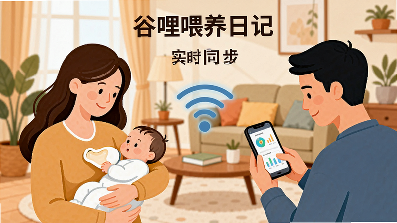 “谷哩喂养日记”多人协作场景插画,画面左侧是妈妈抱着宝宝喂奶,右侧是爸爸拿着手机查看数据,中间通过无线信号图标连接,背景是温馨的客厅,色调温暖,风格扁平插画,细节丰富,画质清晰,文字“实时同步”清晰可见