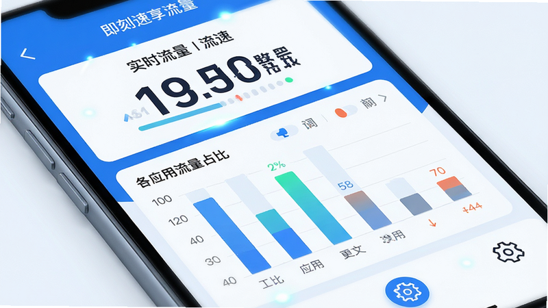 主体为手机屏幕特写,显示“即刻速享流量”APP界面,布局整洁,顶部有实时流量流速大字显示,中部是柱状图展示各应用流量占比,底部有设置图标,风格为现代扁平化UI设计,蓝色主色调,细节处有微光效果,画质高清,干净,无多余元素