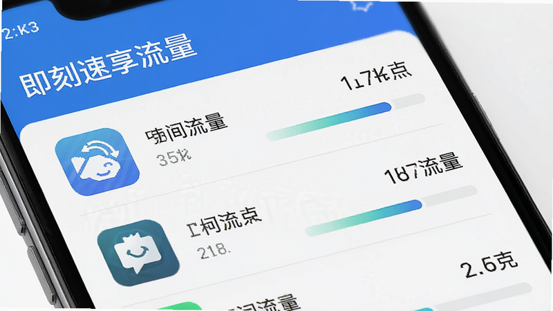 主体为手机列表界面,显示“即刻速享流量”的应用流量排行榜,布局清晰,左侧应用图标,右侧流量数值,风格简约商务,细节有进度条指示,画质高保真,干净,无多余元素