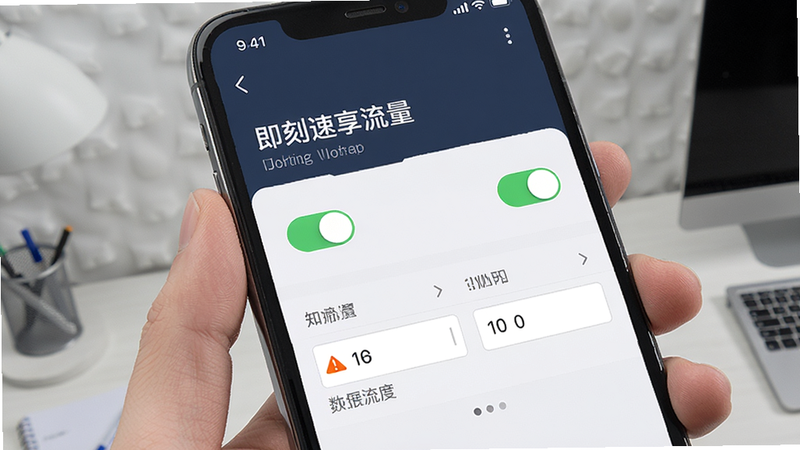 主体为手机设置界面,显示“即刻速享流量”的限制规则配置,布局结构化,有开关控件和数值输入框,风格严谨专业,细节有警示图标,画质清晰,干净,无多余元素