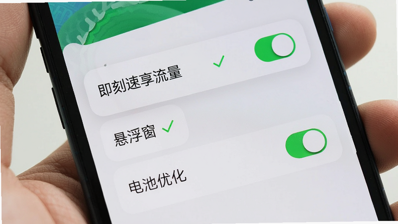 主体为手机设置界面特写,显示“即刻速享流量”的权限开启状态,布局清晰,突出“悬浮窗”和“电池优化”开关,风格简洁直观,细节有绿色对勾图标,画质清晰,干净,无多余元素