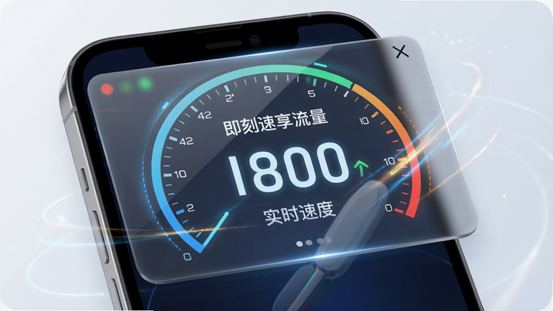 主体为手机悬浮窗效果,显示“即刻速享流量”的实时速度表盘,布局紧凑,背景半透明,突出速度数字,风格科技感强,细节有动态光效,画质清晰,干净,无多余元素