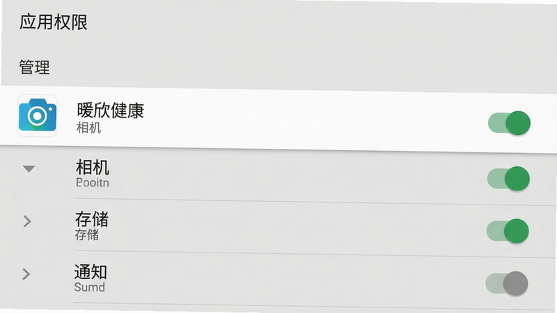 主体为手机设置界面截图,展示应用权限管理页面,布局为标准 Android 设置列表样式,高亮显示