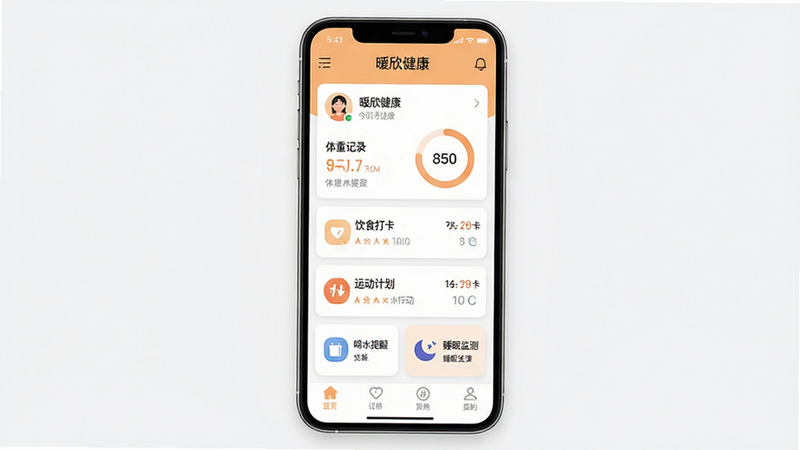 主体为暖欣健康APP手机端主界面展示,布局清晰分为顶部导航栏、中部功能卡片区(包含体重记录、饮食打卡、运动计划)、底部标签栏;排版采用现代极简扁平化风格,色调以柔和的暖杏色与白色为主,营造温馨舒适的视觉感受;细节处展示用户头像、今日健康评分环形图、快捷入口图标(如喝水提醒、睡眠监测);画质高清,界面干净无多余装饰元素,文字标签清晰可见,包含
