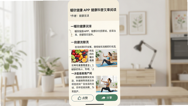 主体为暖欣健康APP内的健康科普文章阅读界面,布局为单栏滚动文本,顶部为文章标题与作者信息,中部为正文内容(包含小标题与段落),底部为点赞与分享按钮;排版舒适,行间距适中,字体大小可调;风格清新自然,背景米白色,文字深灰色,易读性强;细节处显示段落首行缩进,小标题加粗,配图穿插在文字间(如新鲜水果、运动场景);画质清晰,文字无错别字,图片色彩鲜艳自然,整体呈现专业、可信的健康知识传播平台形象,无弹窗广告干扰