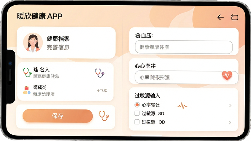 主体为暖欣健康APP的个性化档案设置界面,布局采用左右分栏或上下滑动卡片结构,左侧展示用户基本信息摘要,右侧展示详细的健康指标输入框(如血压、心率、过敏源多选列表);排版整洁有序,使用圆角矩形卡片区分不同功能模块,输入框带有明确的占位符提示文字;风格延续柔和暖色调,背景淡雅,突出关键数据区域;细节处显示保存按钮、返回箭头、以及提示性图标(如听诊器、心跳波形);画质清晰,文字包括