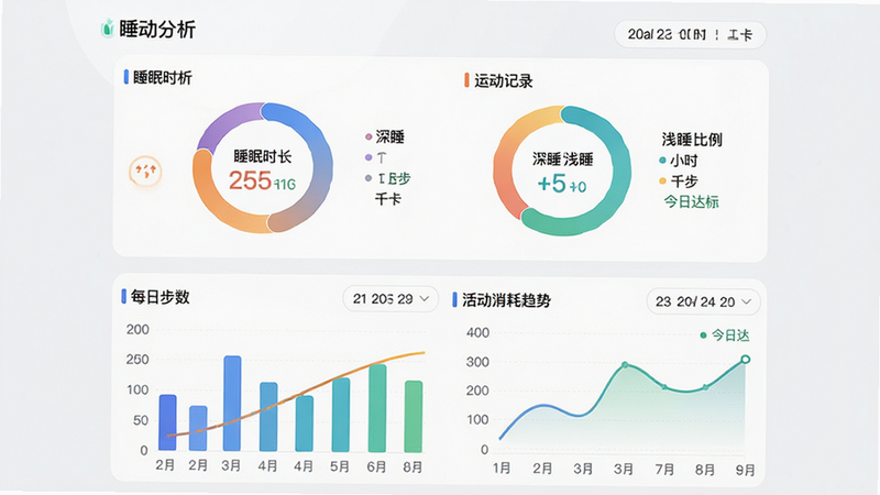主体为暖欣健康APP的运动与睡眠数据可视化页面,布局为上下滚动结构,上部展示睡眠时长、深睡/浅睡比例环形图,下部展示每日步数柱状图及活动消耗趋势线;排版清晰,数据标签醒目,使用不同色块区分不同睡眠阶段与运动类型;风格科技感与温馨感并存,线条流畅,色彩过渡自然;细节处显示日期选择器、数据单位(小时、千步、千卡),以及鼓励性的文案