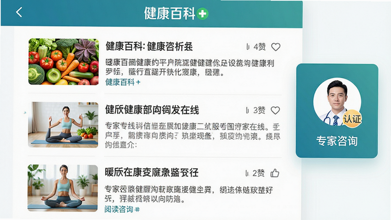 主体为暖欣健康APP的健康资讯列表页与专家咨询入口,布局为左侧文章列表(带缩略图、标题、摘要),右侧悬浮专家咨询按钮;排版紧凑但不拥挤,文章标题字号适中,摘要文字灰色以示区分;风格专业严谨,配色以蓝绿色系为主,传达信任与专业感;细节处显示文章阅读量、点赞数图标,专家头像带有