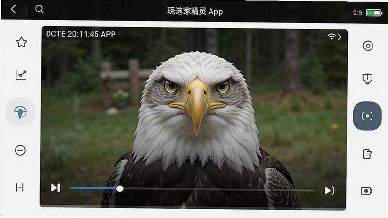 主体为鹰眼看家精灵APP的高清视频播放界面,布局中心为全屏监控画面,周围环绕操作按钮,排版紧凑,风格为极简主义,细节显示时间戳与电量图标,画质锐利,干净,无多余元素
