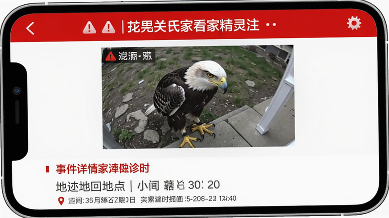 主体为鹰眼看家精灵APP的报警界面,布局上方为红色警示横幅,中间为抓拍图片,下方为事件详情,排版突出警示感,风格为警示红与白搭配,细节包含时间地点信息,画质清晰,干净,无多余元素