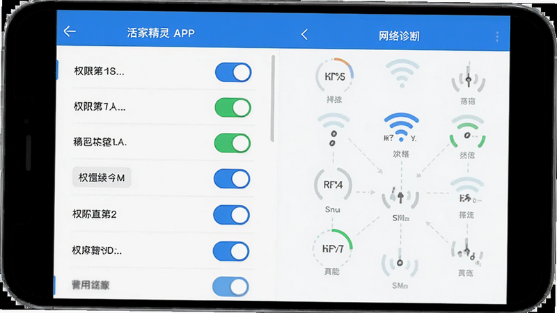 主体为鹰眼看家精灵APP的设置界面,布局左侧为权限开关列表,右侧为网络诊断图示,排版逻辑清晰,风格为科技蓝与白色,细节包含开关状态与网络信号图标,画质清晰,干净,无多余元素