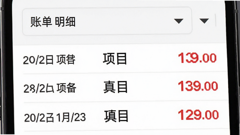 账单明细列表界面,手机屏幕显示滚动列表,每行包含日期、项目、金额,顶部有筛选下拉菜单,背景为白色,文字黑色,重点金额红色高亮,排版紧凑有序,无杂乱背景,高清截图,字体清晰,UI风格统一,细节精致