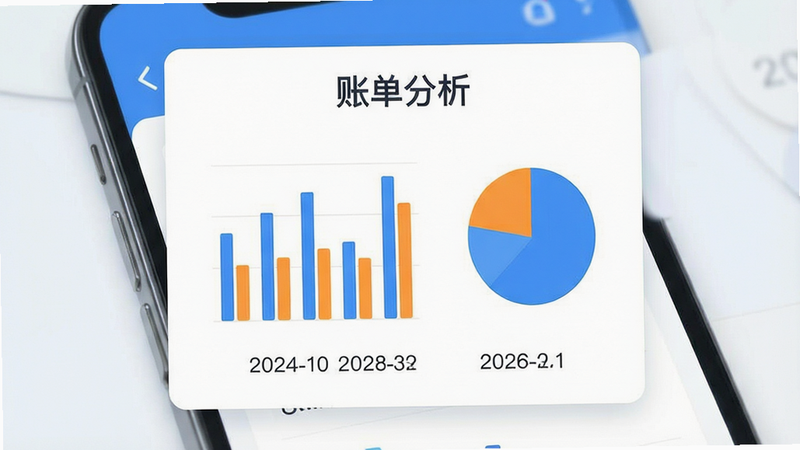 账单可视化图表界面,手机屏幕中显示蓝色和橙色相间的柱状图和饼图,图表下方有简洁的日期标注,背景为白色卡片式布局,整体色调清新,文字标签“账单分析”位于顶部,排版整齐,字体清晰,扁平化插画风格,光影自然,高分辨率,无杂乱元素