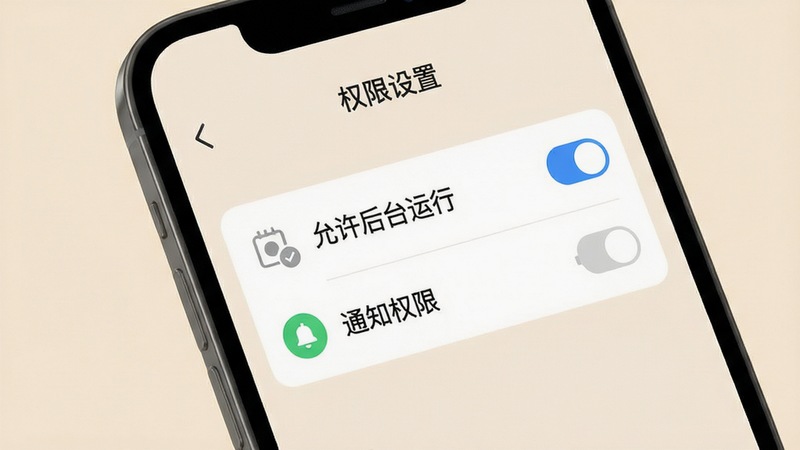 软件设置界面预览,手机屏幕显示权限管理列表,勾选“允许后台运行”和“通知权限”,背景为柔和的米色,文字清晰易读,图标简洁,整体布局疏朗,无复杂装饰,高清UI设计,色彩协调,细节丰富,干净背景
