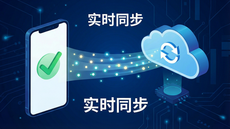 数据实时同步示意图,主体为手机屏幕与服务器云端的连接光束,光束中流动着代表数据的光点,屏幕显示绿色对勾和刷新图标,背景为深蓝色科技感空间,文字标签“实时同步”清晰可见,构图平衡,色彩对比鲜明,矢量风格,线条流畅,无噪点,高清细节