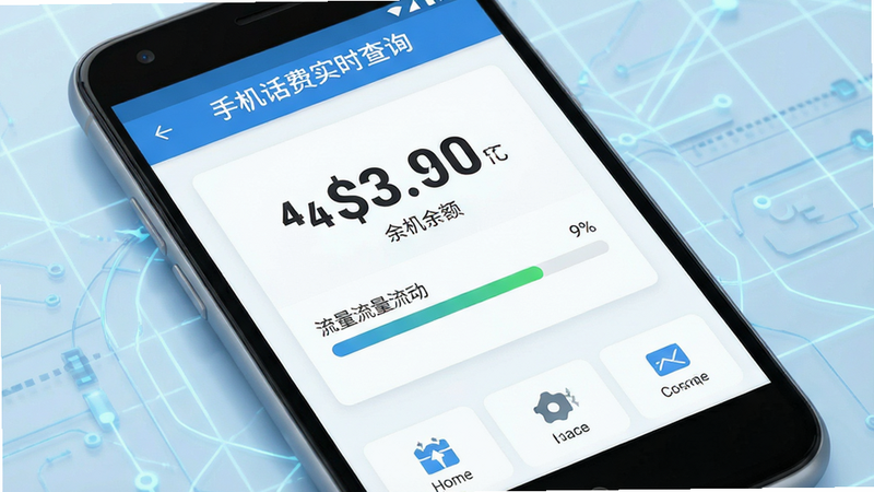 手机话费实时查询软件主界面预览图,主体为安卓手机屏幕,背景为淡蓝色科技网格,屏幕中央显示大号数字余额和流量进度条,顶部标题栏清晰显示“手机话费实时查询”字样,底部有三个功能图标,整体风格现代简约,扁平化设计,高分辨率,无多余元素,干净清爽,UI细节精致,光影柔和,4K画质