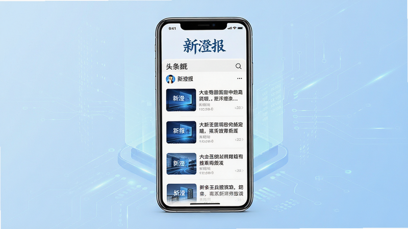 新澄报APP界面全景展示,主体为手机屏幕居中显示,背景为淡蓝色渐变科技风,屏幕内清晰显示“新澄报”Logo及头条新闻列表,排版整齐,字体清晰,风格现代简约,细节精致,画质高清,干净无多余元素