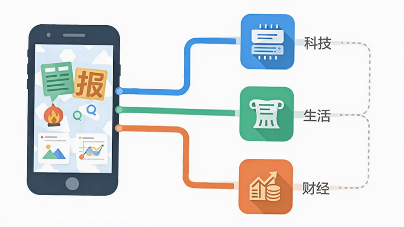 新澄报智能推荐算法示意图,画面左侧为手机图标,右侧为多个分类图标(科技、生活、财经)通过线条汇聚到手机中,背景为白色,风格扁平化,色彩清新,细节清晰,画质高,干净简洁