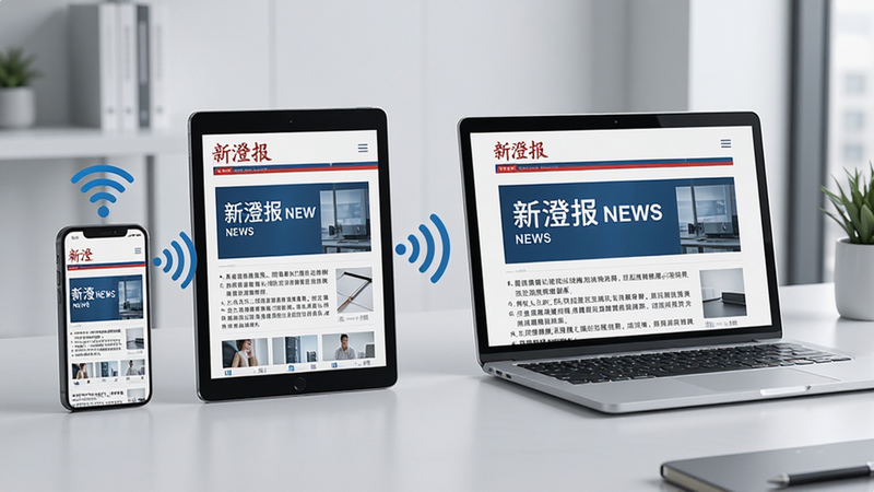 新澄报多设备同步场景,画面中手机、平板电脑和笔记本电脑并排摆放,屏幕均显示相同的新闻界面,通过无线信号图标连接,背景为简约办公桌面,风格现代商务,色彩统一,细节丰富,画质高,干净整洁
