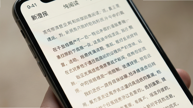 新澄报纯净阅读界面特写,手机屏幕显示一篇长文,文字排版疏朗,留白充足,无广告元素,背景为柔和的米白色,风格极简,细节精致,画质清晰,干净无干扰