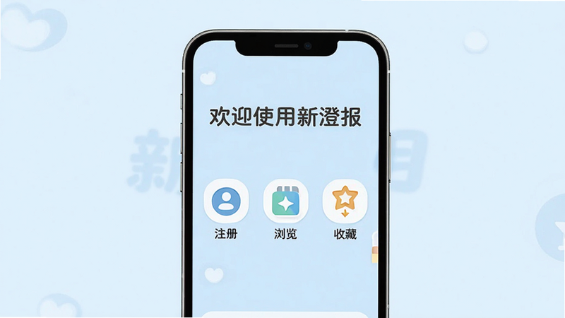 新澄报新手引导界面,手机屏幕显示“欢迎使用新澄报”字样及三个步骤图标(注册、浏览、收藏),背景为淡蓝色,风格友好亲切,细节清晰,画质高,干净简洁