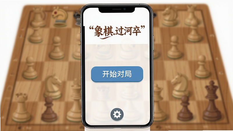 主体为手机界面,展示《象棋.过河卒》主菜单,布局简洁居中,顶部显示Logo,中间为“开始对局”大按钮,底部有设置图标,风格为现代扁平化,细节包含木纹棋盘背景虚化,画质高清,干净,无多余元素,文字加引号“象棋.过河卒”