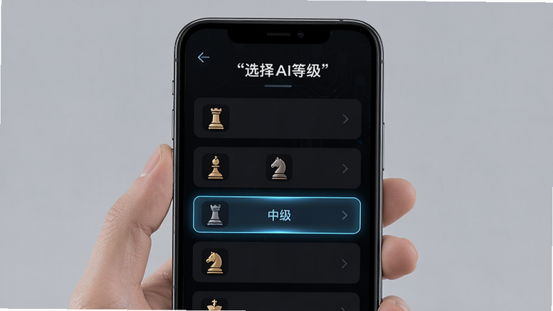 主体为手机屏幕,显示AI对战选单,布局列表式,高亮“中级”选项,背景为深色模式,风格科技感,细节包含棋子图标,画质清晰,干净,无多余元素,文字加引号“选择AI等级”
