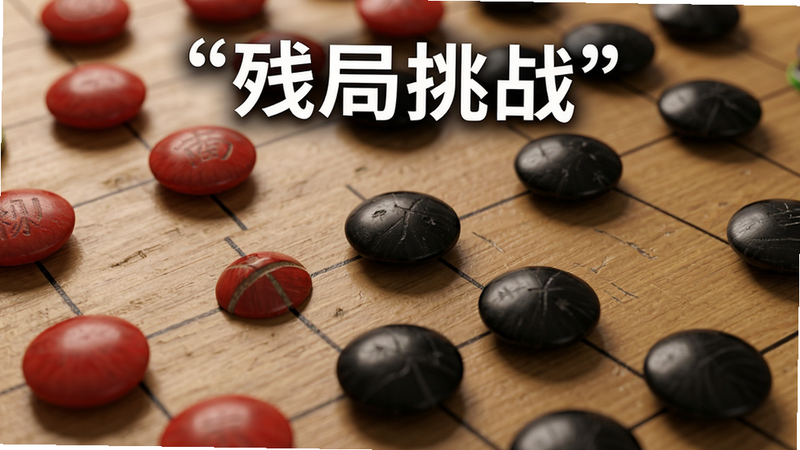 主体为残局棋盘特写,布局紧凑,红黑棋子对峙,焦点集中在关键攻击位置,风格写实,细节包含棋子阴影与木纹质感,画质逼真,干净,无多余元素,文字加引号“残局挑战”