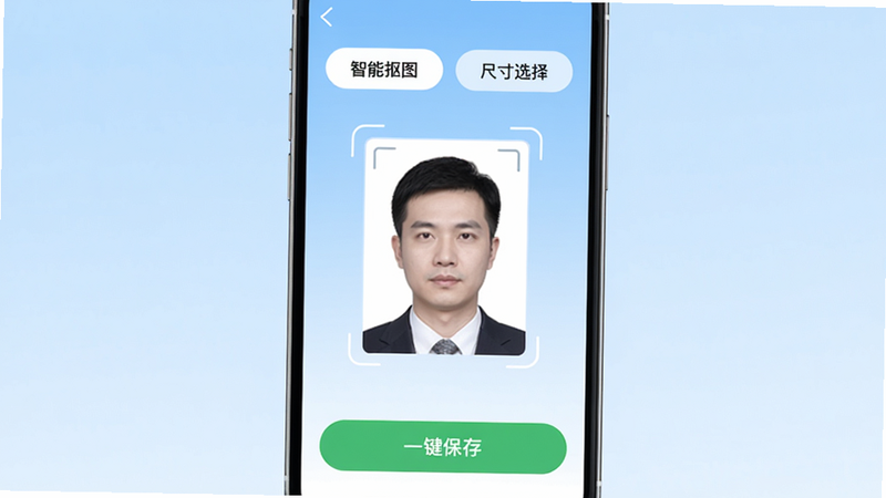 手机屏幕居中显示电子身份证件照APP界面,背景为浅蓝色渐变,界面中心展示一张标准的白底证件照预览图,上方有'智能抠图'和'尺寸选择'两个清晰的功能按钮,底部显示'一键保存'绿色大按钮,整体风格扁平化,UI简洁现代,高清无噪点,无多余装饰元素