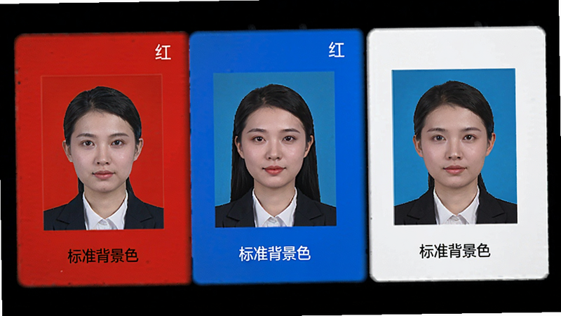 屏幕展示三种背景色选项:红、蓝、白,旁边分别对应显示同一人物在不同背景色下的证件照效果,排版整齐,色彩鲜艳饱和,文字标注'标准背景色',简约商务风格,高画质