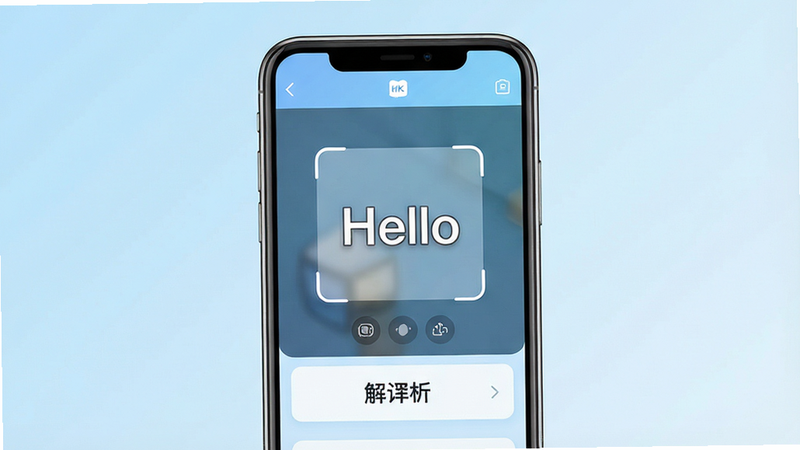 一张展示“拍物识词”软件主界面的高清UI设计图,主体为手机屏幕,屏幕中央显示一个扫描取景框,取景框内有一个英文单词