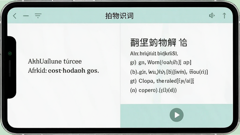 “拍物识词”软件多语言解析界面图,屏幕分为左右两栏,左栏显示英文原句,右栏显示中文翻译和音标,底部有播放按钮图标,界面配色清新淡雅,布局整齐,风格简约,细节精致,画质清晰