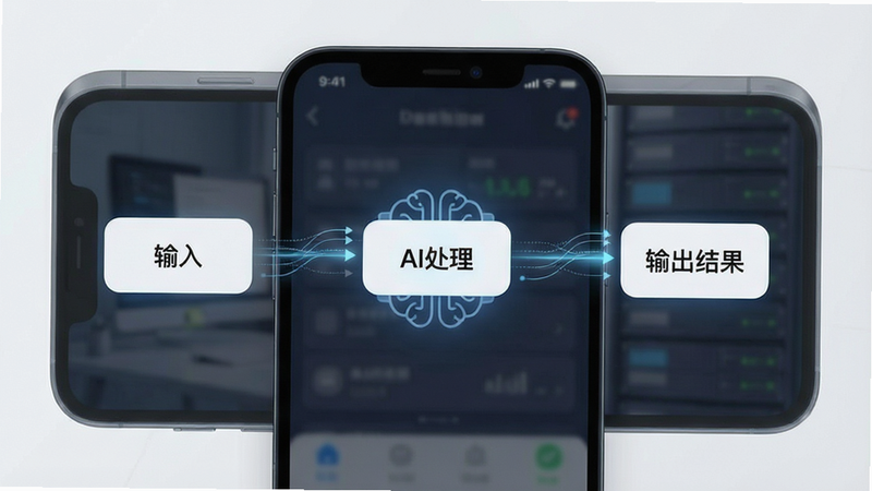 一张展示工作流自动化的流程图,节点包括'输入'、'AI处理'、'输出结果',连接流畅,手机界面背景,主体为流程节点,布局线性清晰,排版逻辑严密,风格商务简约,细节显示数据流动光效,画质清晰,干净,无多余元素