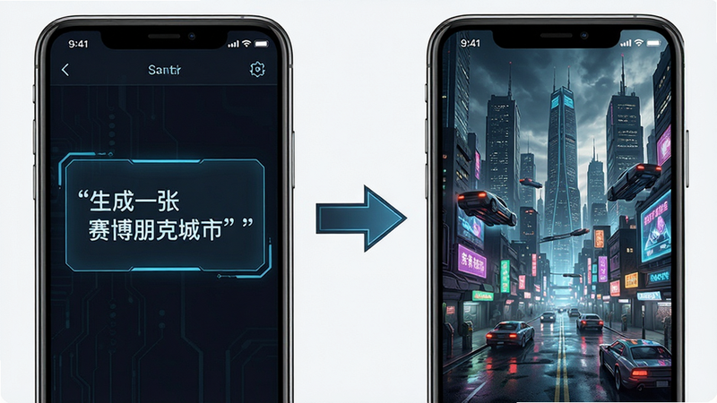 一张展示多模态生成过程的概念图,左侧是输入框输入文字'生成一张赛博朋克城市',右侧是生成的精美城市图片,中间用箭头连接,手机界面UI风格,主体清晰,布局左右对比,排版对称,风格科技风,细节锐利,画质高清,干净,无多余元素