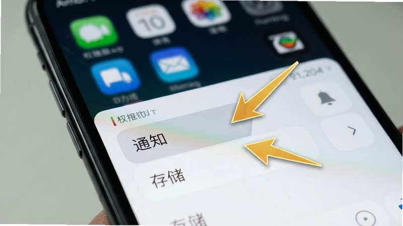 主体为手机屏幕显示Amo设置界面,布局聚焦于权限管理区域,高亮显示“通知”与“存储”选项,风格简洁直观,背景为模糊的手机桌面,细节突出操作指引箭头,画面干净,无多余图标,高清质感