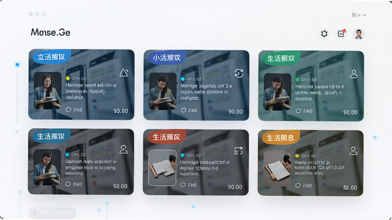 主体为Amo软件的消息分类界面,布局呈卡片式排列,不同颜色的标签区分工作与生活消息,背景为淡白色渐变,风格科技感强,细节展示消息缩略图与时间戳,清晰可见,画质高清,无杂乱背景,简洁明了