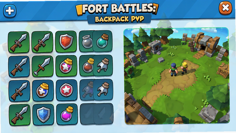 主体为Fort Battles: Backpack PvP的游戏主界面,布局清晰展示背包网格与战场预览,排版采用卡通UI风格,细节包含丰富的道具图标如武器、盾牌和消耗品,画质高清,干净无多余元素,色彩明亮饱和,展现游戏核心玩法氛围