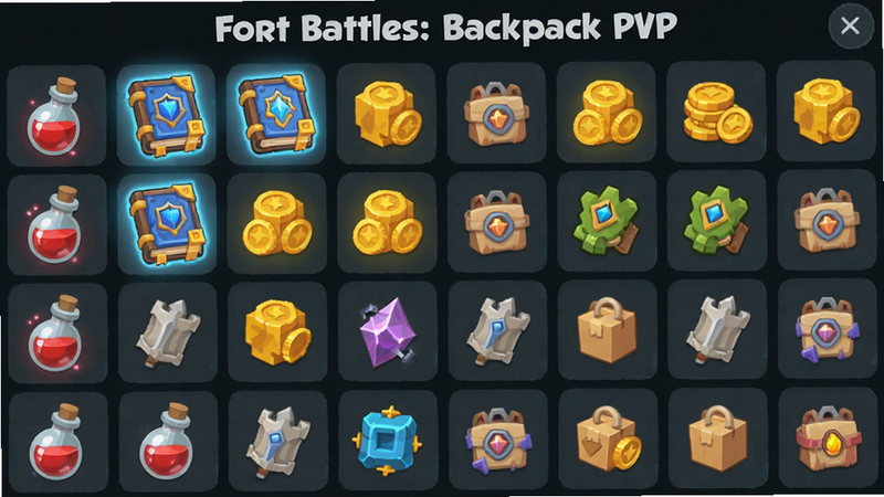 主体为Fort Battles: Backpack PvP的道具背包界面,布局为8x8网格,排版整齐,展示多种道具如红色药水、蓝色魔法书、金色金币等,风格为扁平化卡通图标,细节包含道具悬浮时的发光效果,画质清晰,干净无冗余装饰