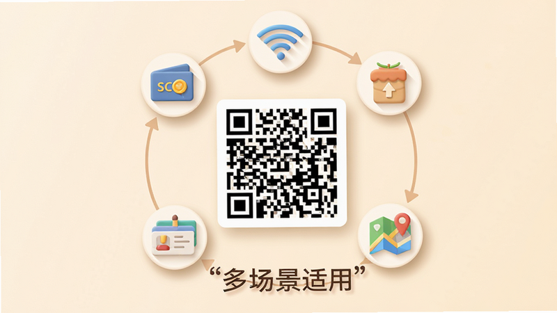 主体为多个生活场景图标环绕一个二维码,包括支付、Wi-Fi、名片、地图,背景柔和米色,布局环形分布,排版均衡,风格温馨生活化,细节包含图标阴影与连接线条,画质柔和,干净,无多余元素,文字'多场景适用'加引号