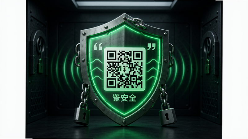 主体为一个盾牌保护着一个二维码,盾牌发出绿色光泽,背景为深色安全空间,布局中心突出,排版稳固,风格专业安全,细节包含锁链与防护波纹,画质细腻,干净,无多余元素,文字'隐私安全'加引号