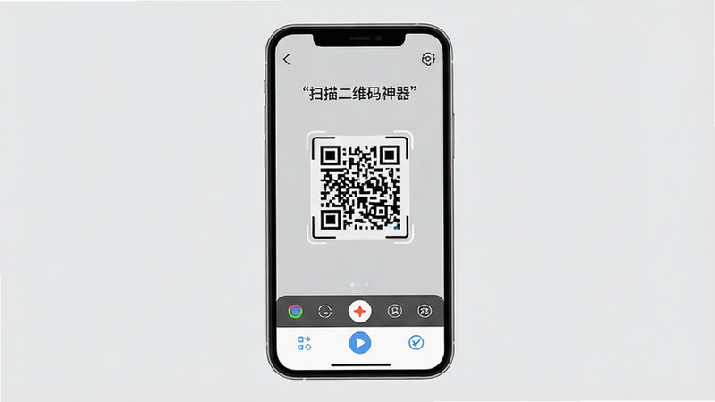主体为一部现代智能手机,屏幕显示'扫描二维码神器'App界面,背景为极简浅灰色,布局居中对称,排版清晰,风格扁平化设计,细节包含摄像头取景框与底部操作栏,画质高清,干净,无多余元素,文字'扫描二维码神器'加引号
