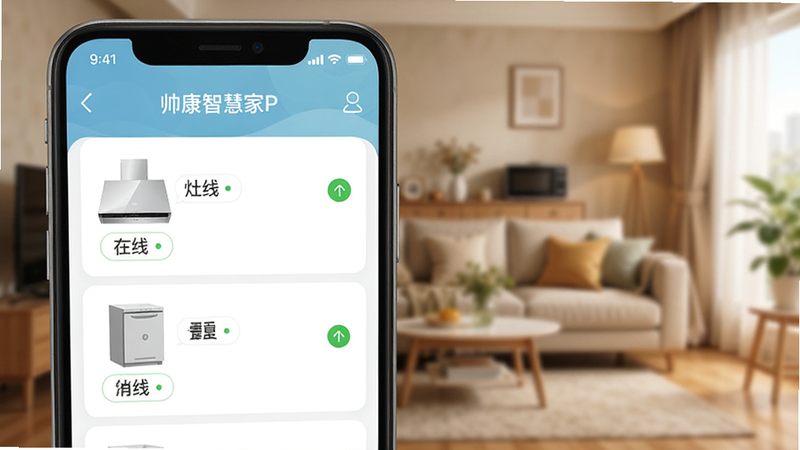 �ֻ���Ļ��д����ʾ˧���ǻۼ�APP���豸�б�ҳ�棬�����������г��̻�����ߡ�������ͼ�꣬ÿ��ͼ��������ɫ�ġ����ߡ�״ָ̬ʾ�ƣ������黯Ϊ��ܰ�ļ�ͥ����������ͻ��APP������������������ԣ���ƽ����Ʒ��ɫ������